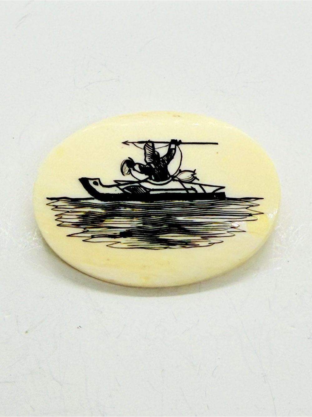 Vintage Nuguruk Scrimshaw Brooch Pin, Eskimo Inuit‎ Kayaker Ship Alaskan Scene